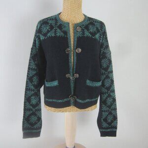 Vtg Fiorucci Y2K Womens L Navy Turquoise Blue Fair Isle Cardigan Coin Buttons